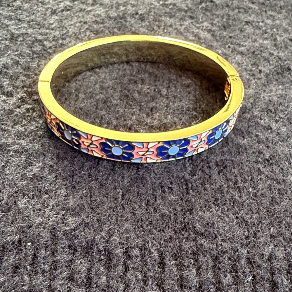 Floral Gold and Blue Bangle Bracelet